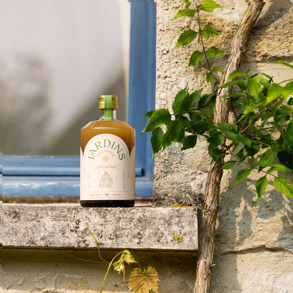 
                  
                    bouteille d'apéritif sans alcool pour réaliser des cocktails sans alcool au gingembre et à l'abricot posée sur un muret
                  
                
